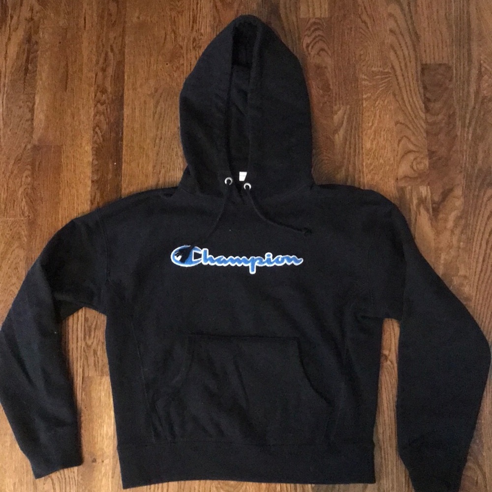 Champion Black Hoodie with Blue lettering